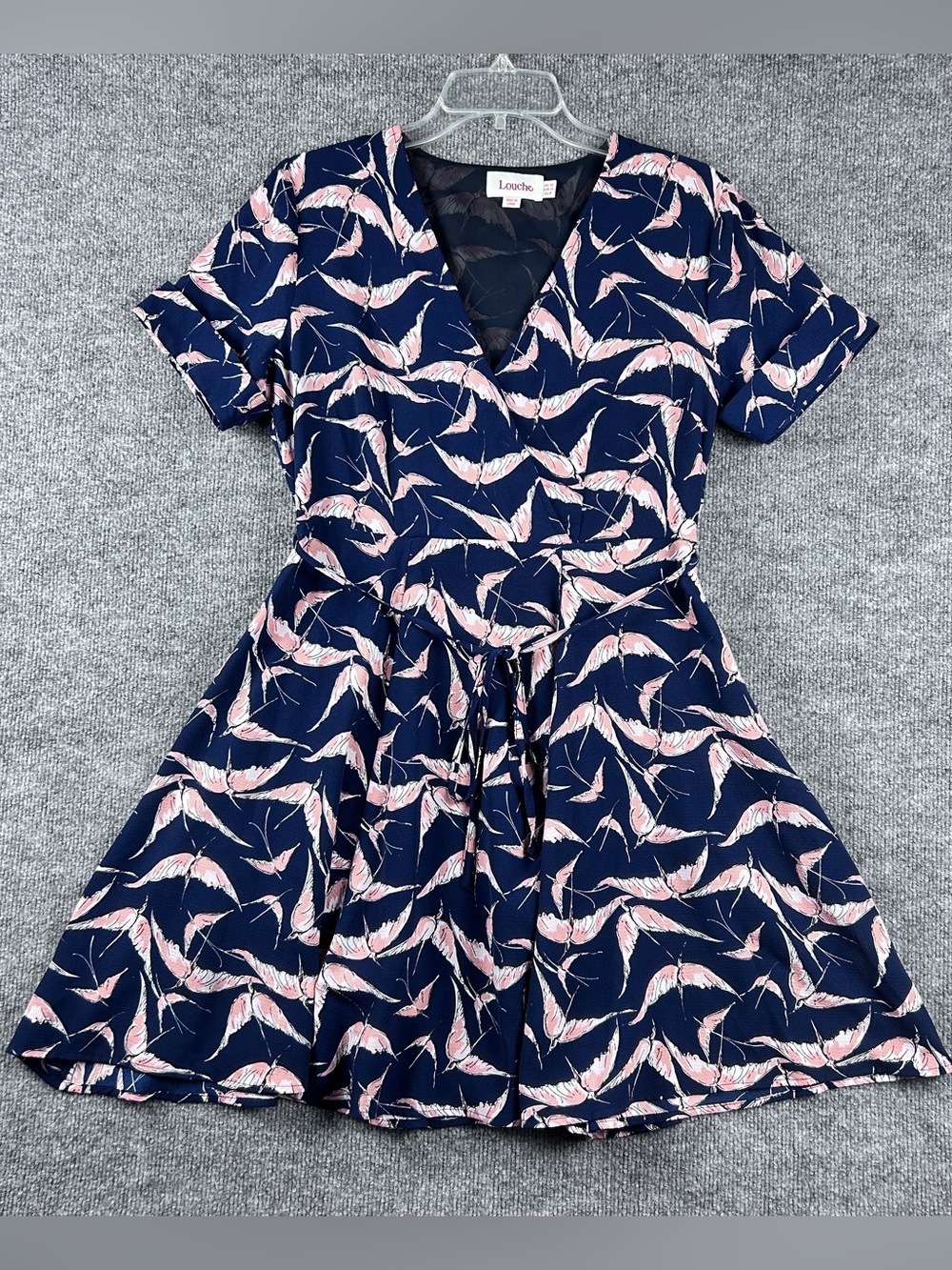 Louche Navy Pink Swallow Bird Print V-Neck Skater Midi Dress Size US 8 UK 12
